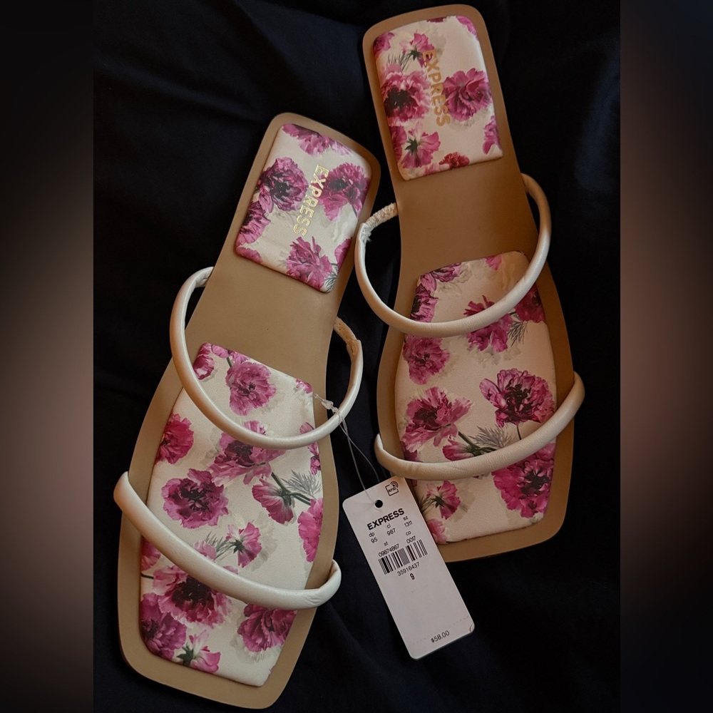 Express Floral White Strappy Sandals with Pink Accents